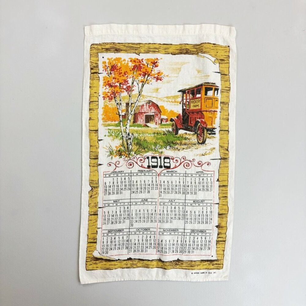 VINTAGE Hickory Farms 1918 Calendar Tea Towel Cotton Autumn Barn Country Decor